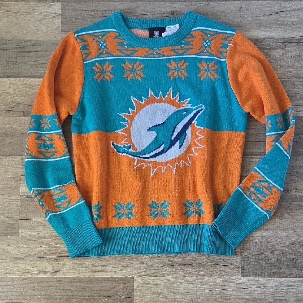 NFL Miami Dolphins Logo Holiday Knit Ugly Christmas Sweater Unisex Youth XL